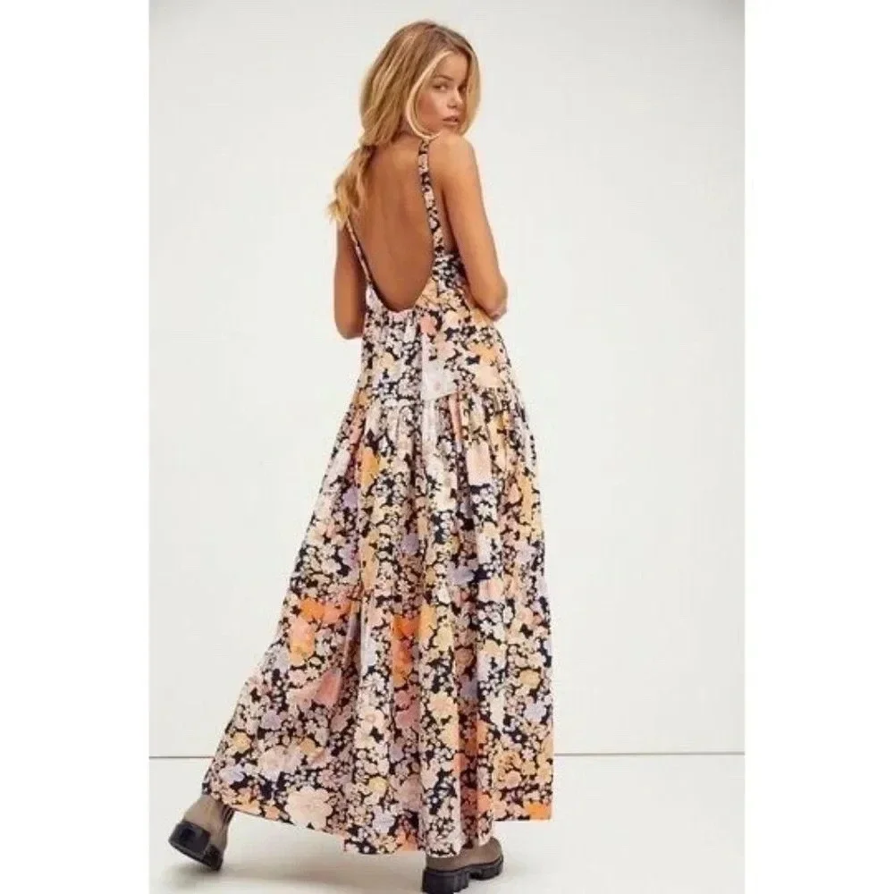 Free People Park Slope Floral Cotton Maxi Dress Navy Combo M Summer Vacation